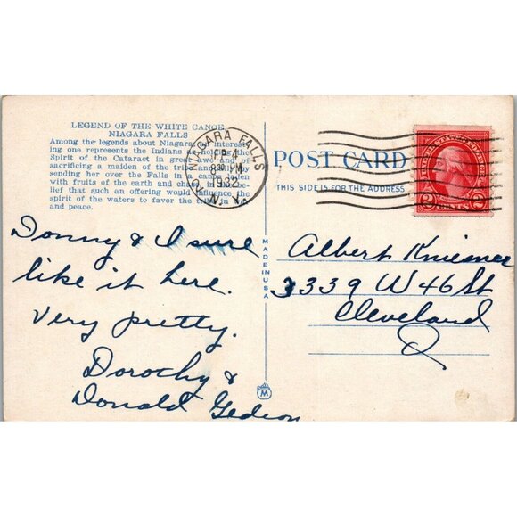 Postcard,Vintage,Legend of the White Canoe, Niagara Falls, Sept 4, 1932,(PC91) - Picture 2 of 2